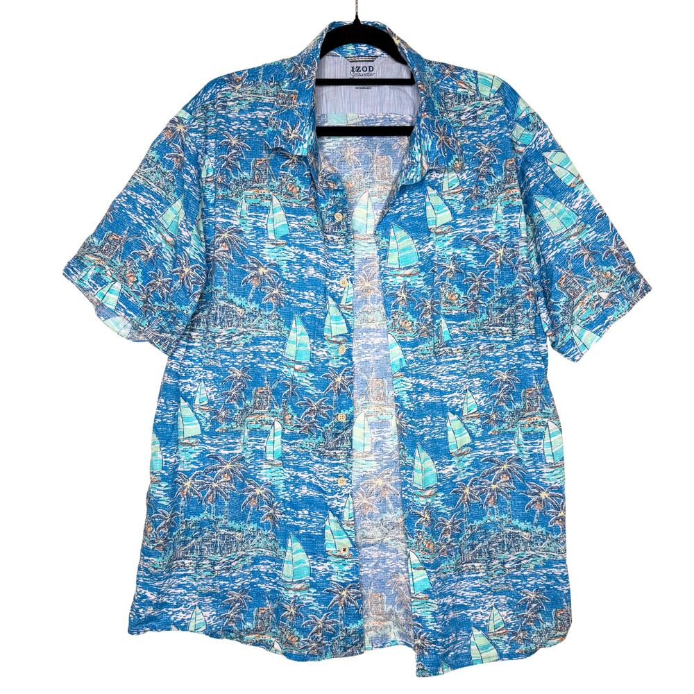 IZOD Saltwater Sailboat Short Sleeve Button-Down Shirt Size XXL Blue Coastal